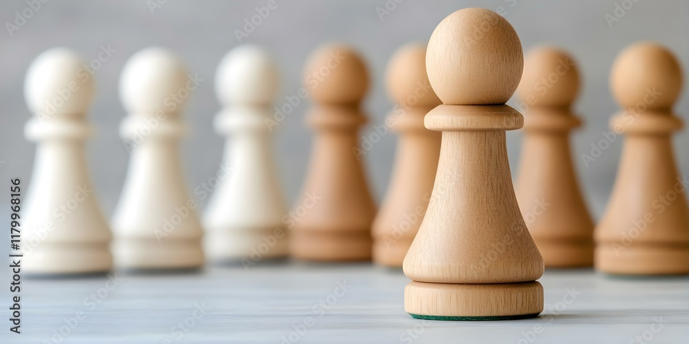 A close-up of a wooden pawn chess piece with other pawns in the background, some in white and others in natural wood color. Concept Wooden Chess Piece, Close-Up Photography, Pawn Arrangement A close-up of a wooden pawn chess piece with other pawns in the background, some in white and others in natural wood color. Concept Wooden Chess Piece, Close-Up Photography, Pawn Arrangement