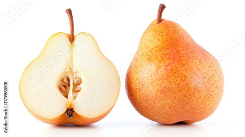 A Closeup of a Juicy, Ripe Red Pear Cut in Half Revealing its Seeds and Texture Against a Clean White Background