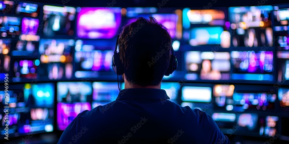 A person wearing headphones is looking at multiple screens displaying colorful images and videos in a dark environment. Concept Multisensory Experience, Immersive Technology, Digital Art Exploration