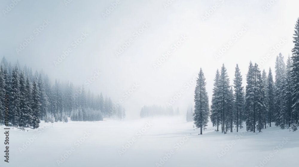 Serene Winter Landscape: Snow-Covered Pines and Misty Lake Serene Winter Landscape: Snow-Covered Pines and Misty Lake