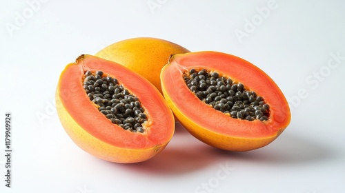 Ripe and Juicy Papaya Halves: A Vibrant Tropical Delight on White Background