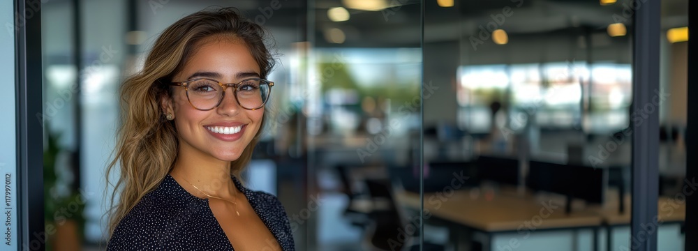 Fototapeta premium Smiling Hispanic woman in glasses in modern office environment, exuding professionalism.