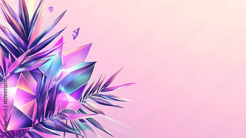 Obraz premium Iridescent Crystals and Tropical Leaves on Pink Background