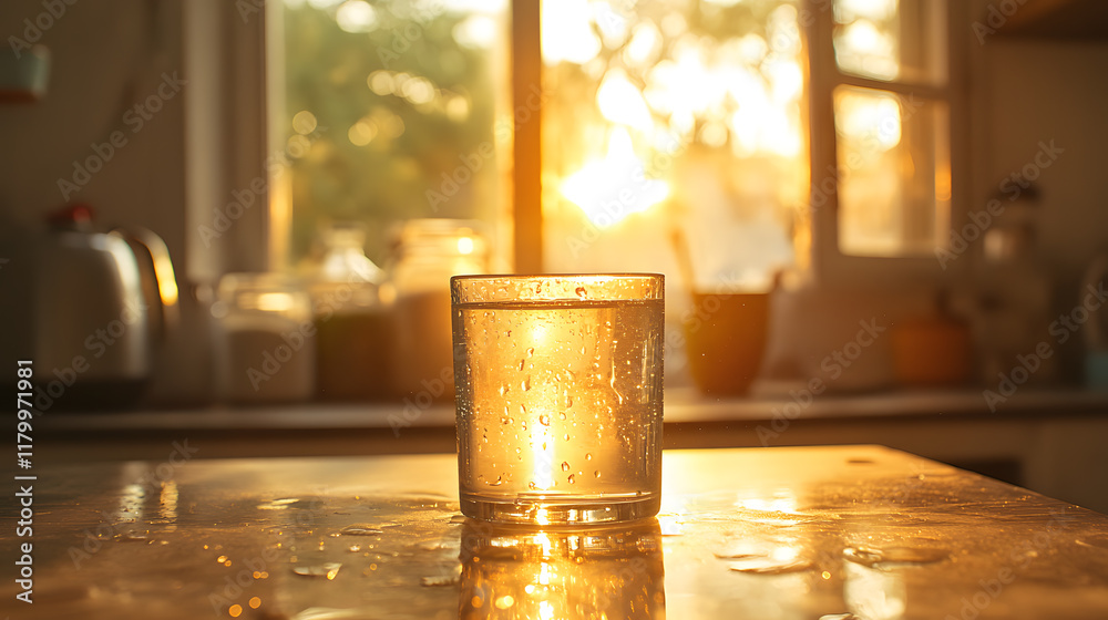 A glass of water with condensation droplets, with a sunlit kitchen window as the background, during a quiet afternoon A glass of water with condensation droplets, with a sunlit kitchen window as the background, during a quiet afternoon