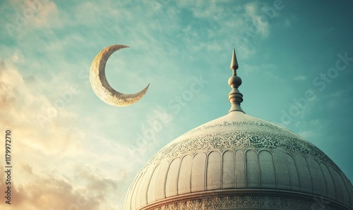 Crescent moon over mosque dome, sunset sky, Islamic holiday greeting photo