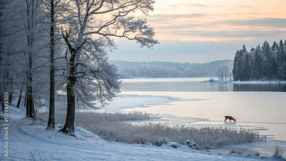 A wintry landscape with a frozen river, snow-covered banks, a deer, snow-laden trees, and a cold sky, creating a serene and tranquil scene. A wintry landscape with a frozen river, snow-covered banks, a deer, snow-laden trees, and a cold sky, creating a serene and tranquil scene.