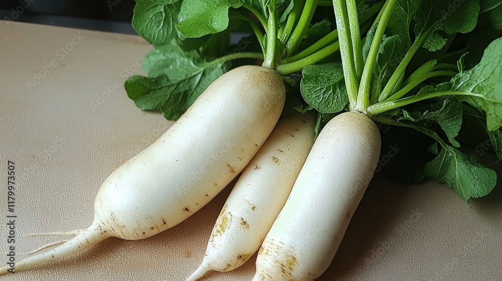 Fresh white radishes with green tops on a cutting board. Fresh white radishes with green tops on a cutting board.