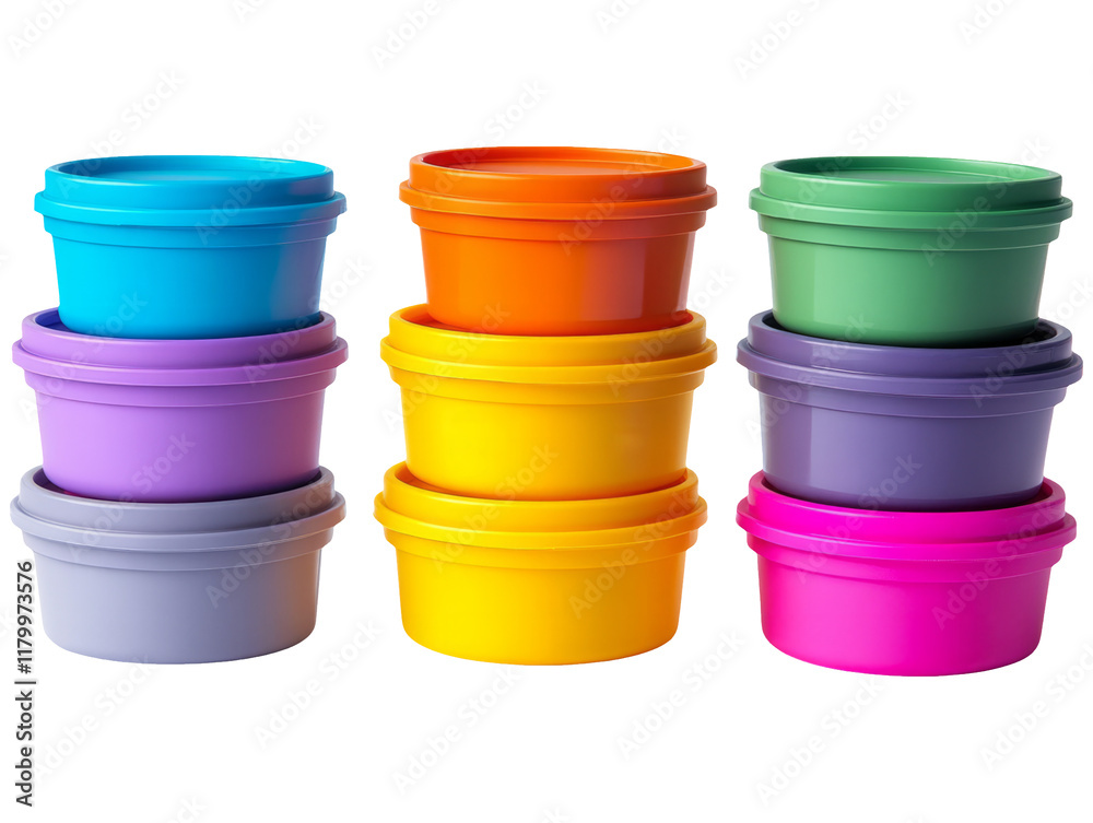 Colorful Plastic Containers Stacked on Transparent Background Colorful Plastic Containers Stacked on Transparent Background