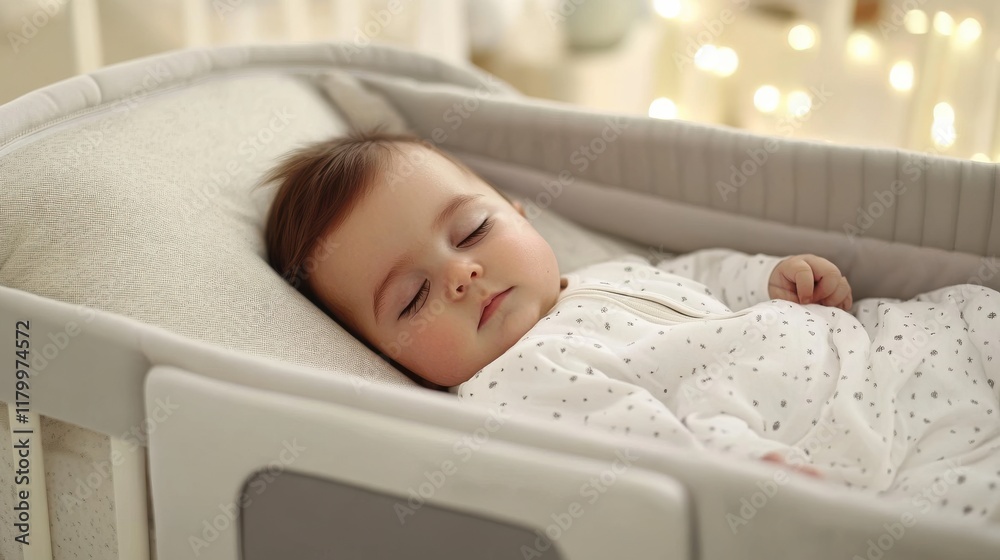 Baby sleeping in co-sleeper crib attached to parents bed Baby sleeping in co-sleeper crib attached to parents bed