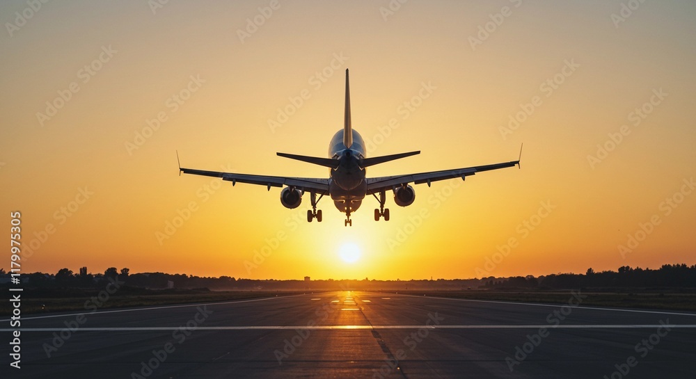 Fototapeta premium Airplane taking off at sunset, travel tourism.
