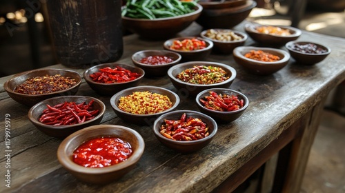 A street food stall displaying various chili condiments in small bowls, with crushed chilies, chili paste, and soy sauce, ready for customers to add to their meals.