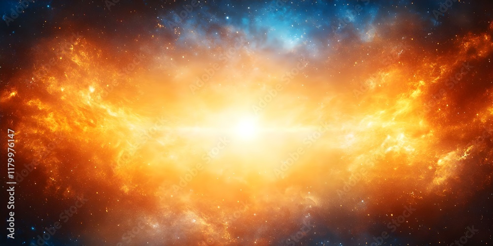 A bright, fiery explosion in space surrounded by vibrant orange and blue cosmic clouds and stars, resembling a nebula. Concept Cosmic Explosion, Vibrant Nebula, Orange and Blue Clouds A bright, fiery explosion in space surrounded by vibrant orange and blue cosmic clouds and stars, resembling a nebula. Concept Cosmic Explosion, Vibrant Nebula, Orange and Blue Clouds