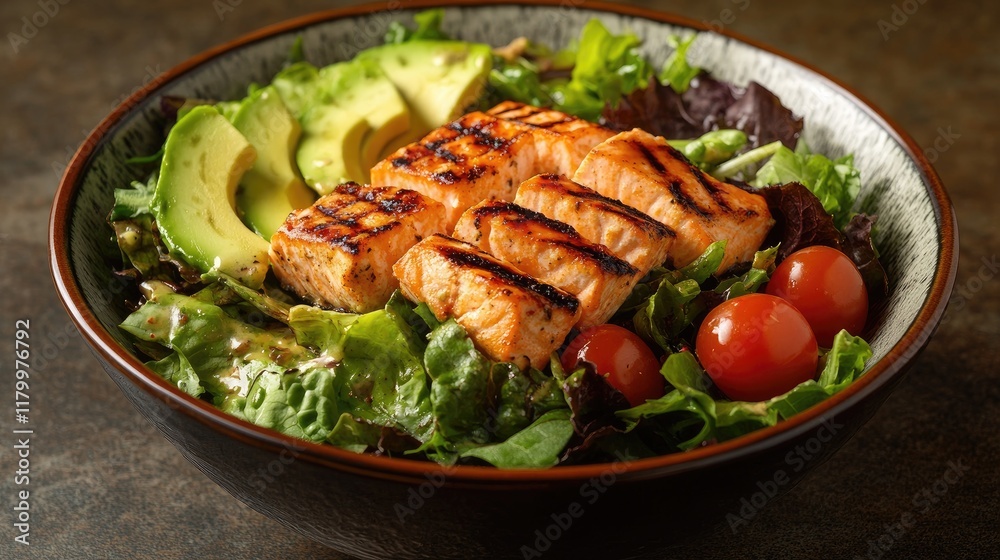 A vibrant image of a salmon salad bowl with mixed greens, avocado, and cherry tomatoes, topped with grilled salmon slices and a light vinaigrette. A vibrant image of a salmon salad bowl with mixed greens, avocado, and cherry tomatoes, topped with grilled salmon slices and a light vinaigrette.