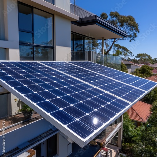 Blue solar panel installed on the balcony of a modern apartment building, close-up view, Sydney, Australia