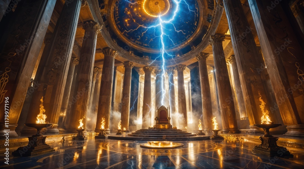 Obraz premium Grand Throne Room with Towering Columns, Electric Lightning, and Fiery Torches