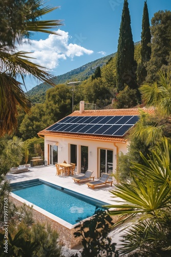 Mediterranean countryside villa with a pool, palm trees, and solar panels on the roof, set against a forested backdrop, Greece