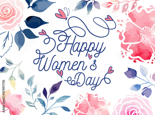 March 8. International Women's Day card. Watercolor flowers. Hand drawn. Not AI, Vector illustration.