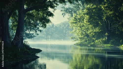 Misty river dawn, lush forest banks, tranquil scene, nature serenity, idyllic travel