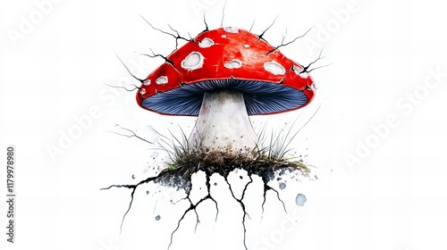 Vibrant red and blue mushroom art, bursting from cracked earth.  A surreal, whimsical illustration. photo