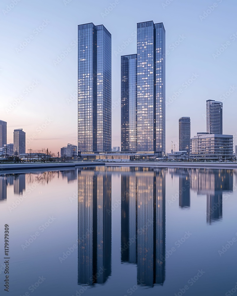 Obraz premium A serene urban skyline features tall glass buildings reflecting in calm water during twilight.