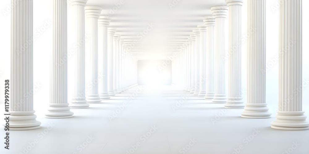 A bright corridor lined with tall white columns leading to a glowing light at the end. Concept Bright Corridor, Tall White Columns, Glowing Light, Architectural Beauty, Perspective and Depth A bright corridor lined with tall white columns leading to a glowing light at the end. Concept Bright Corridor, Tall White Columns, Glowing Light, Architectural Beauty, Perspective and Depth