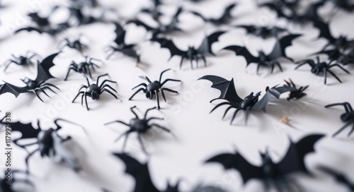 Spooky Halloween Decorations with Black Spiders and Bats on White Background