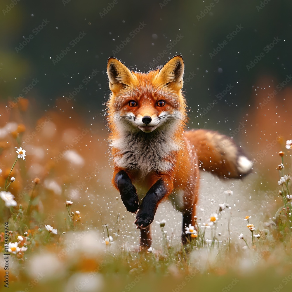 Fototapeta premium Red Fox Running Through Wildflowers Joyful Nature Scene