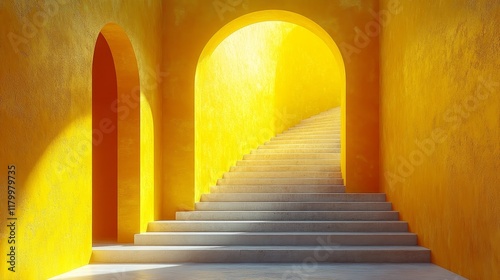 A yellow archway with a staircase leading up to it