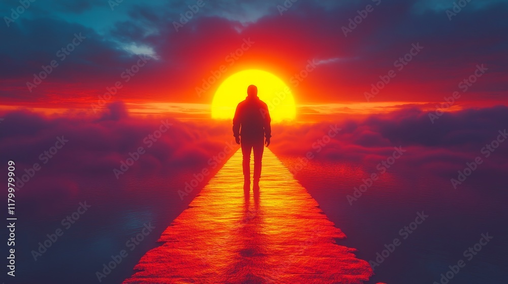 A man is walking on a red path with a sun in the background A man is walking on a red path with a sun in the background