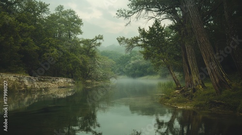 Misty river, forest morning, tranquil scene, nature background, travel