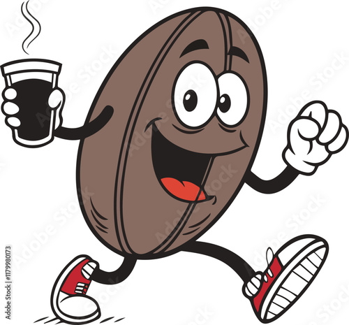 A playful cartoon coffee bean character with a cheerful expression