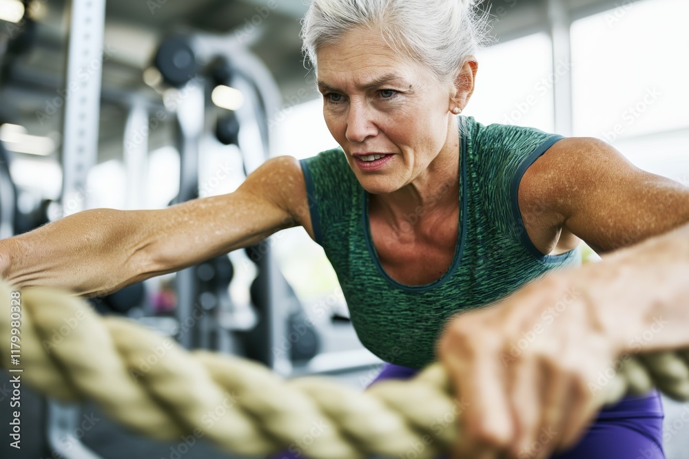 Fototapeta premium Caucasian woman engages in circuit training with ropes inside a modern gym