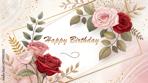 Elegant birthday card with pink and red roses, golden script text, and pastel background