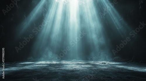 A dark room with a blue light shining on the floor
