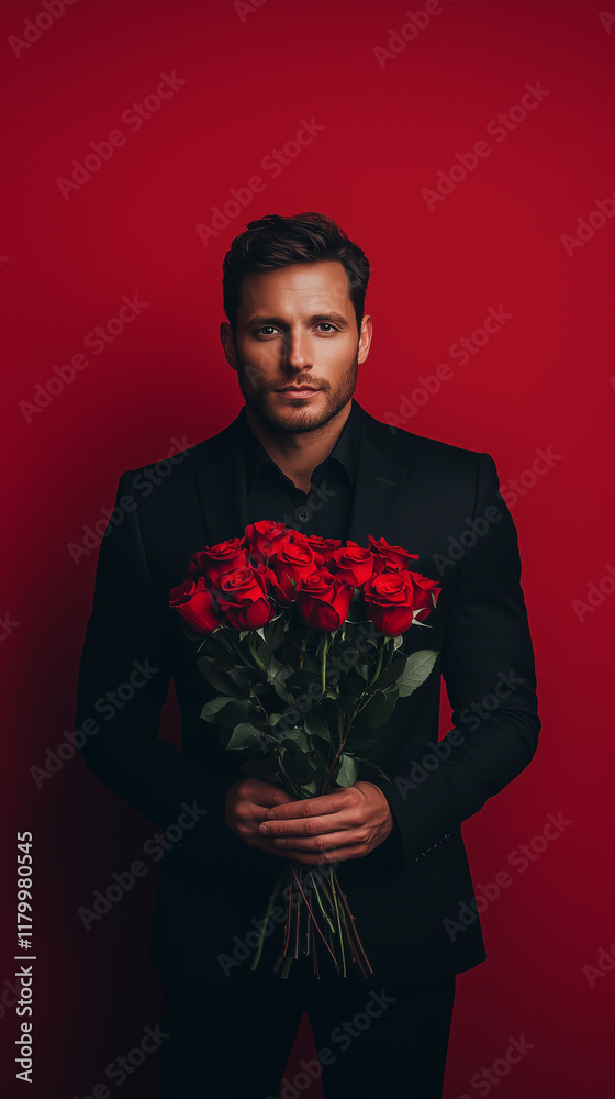 a handsome man in black suit holding a bouquet of roses, red backround a handsome man in black suit holding a bouquet of roses, red backround