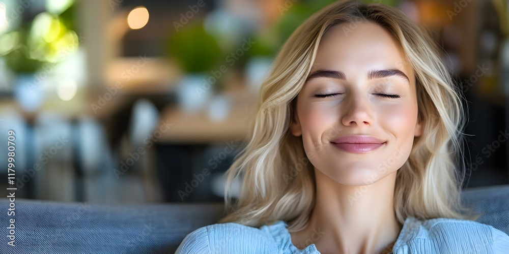 Obraz premium A woman with long blonde hair is sitting back with her eyes closed and a serene smile, creating a calm and peaceful atmosphere. Concept Serene Expression, Calm Atmosphere, Long Blonde Hair