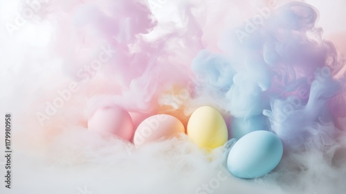 Colorful eggs nestled in soft pastel smoke during a spring celebration