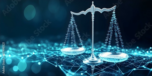A digital representation of a balanced scale symbolizing justice, set against a glowing, interconnected background. Concept Symbol of Justice, Balanced Scale, Digital Art, Glowing Background