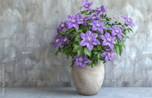 Vibrant purple clematis blooms in an elegant ceramic vase against a textured gray wall