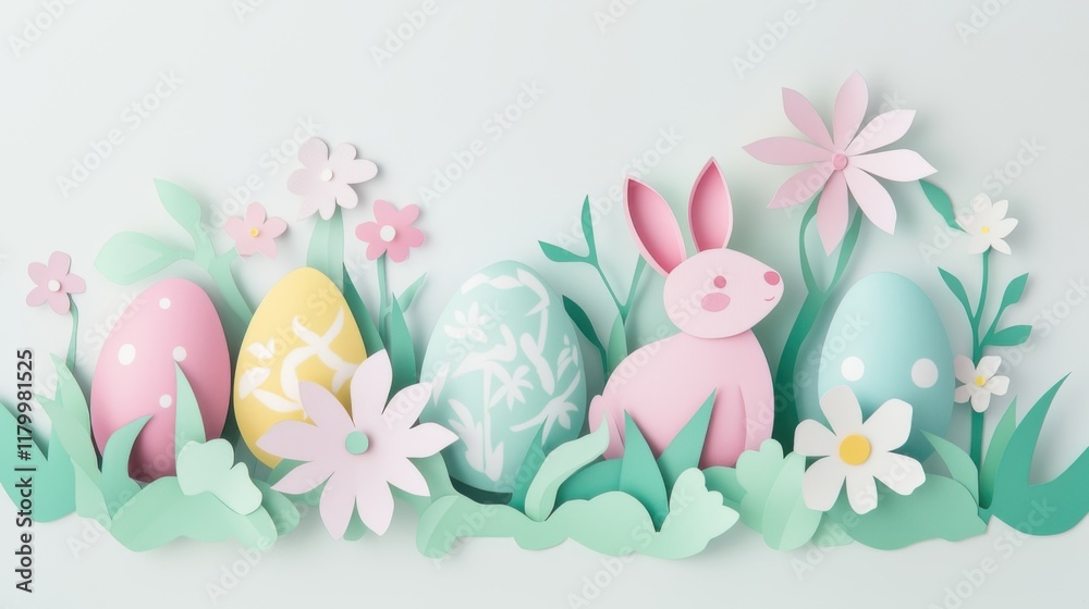 Obraz premium Colorful paper decorations for Easter featuring eggs and a bunny surrounded by flowers and greenery