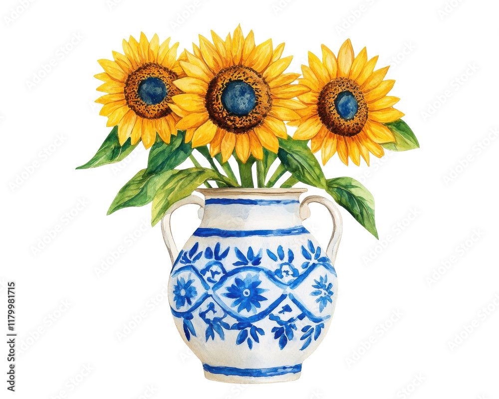 Obraz premium Three vibrant sunflowers in a decorative blue and white vase.