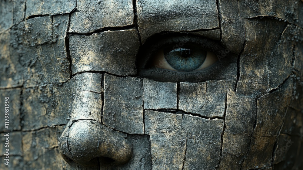 A face made of stone with a blue eye A face made of stone with a blue eye