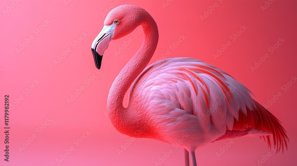 Naklejka premium A pink flamingo stands on a pink background