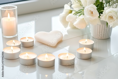 Tea Lights and White Roses on Glossy Surface. Heart-Shaped Soap Adds Romantic Atmosphere. Warm Glow of Candles Creates Calm and Elegant Scene. Perfect for Relaxation or Romantic Events. AI generated