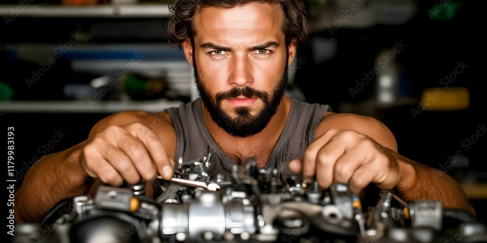 A focused man with a beard works on an engine, using tools to repair or adjust mechanical components. Concept Engine Repair, Mechanical Components, Skilled Technician, Hands-on Work, Tool Usage A focused man with a beard works on an engine, using tools to repair or adjust mechanical components. Concept Engine Repair, Mechanical Components, Skilled Technician, Hands-on Work, Tool Usage