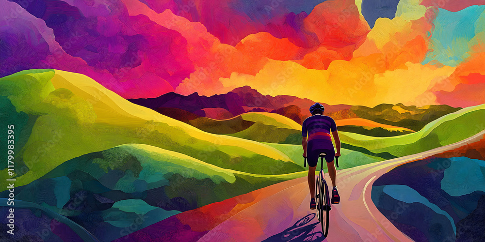 Fototapeta premium Cyclist riding through colorful hills under a vivid, abstract sky, representing adventure, creativity, and the joy of outdoor exploration for artistic, travel, or motivational content