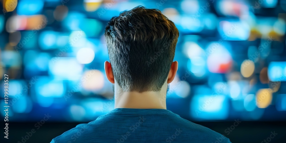 A person is facing a screen with multiple colorful images or videos displayed, creating a vibrant, blurred background. Concept Vibrant Screen Display, Colorful Visuals, Engaging Background