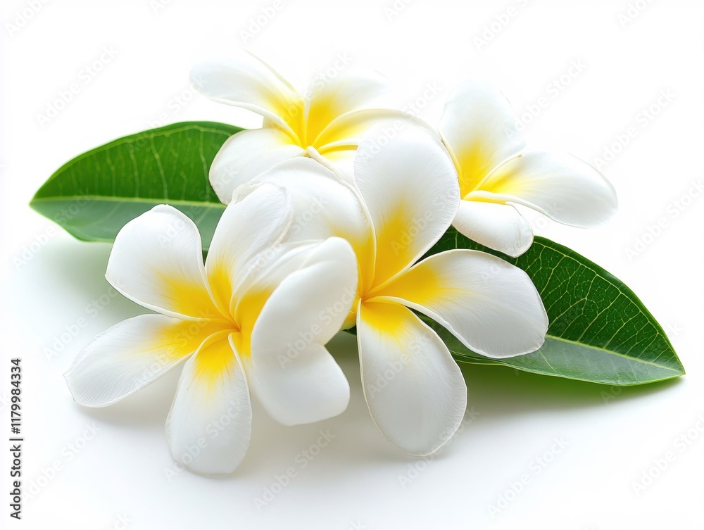 Fototapeta premium Serene White Plumeria Blossoms with Lush Green Leaves on White Background