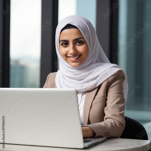 Smiling young middle eastern business woman specialist working focused on laptop computer. Middle aged latin hispanic investor, bank worker using pc for analysing, network at workplace desk in office