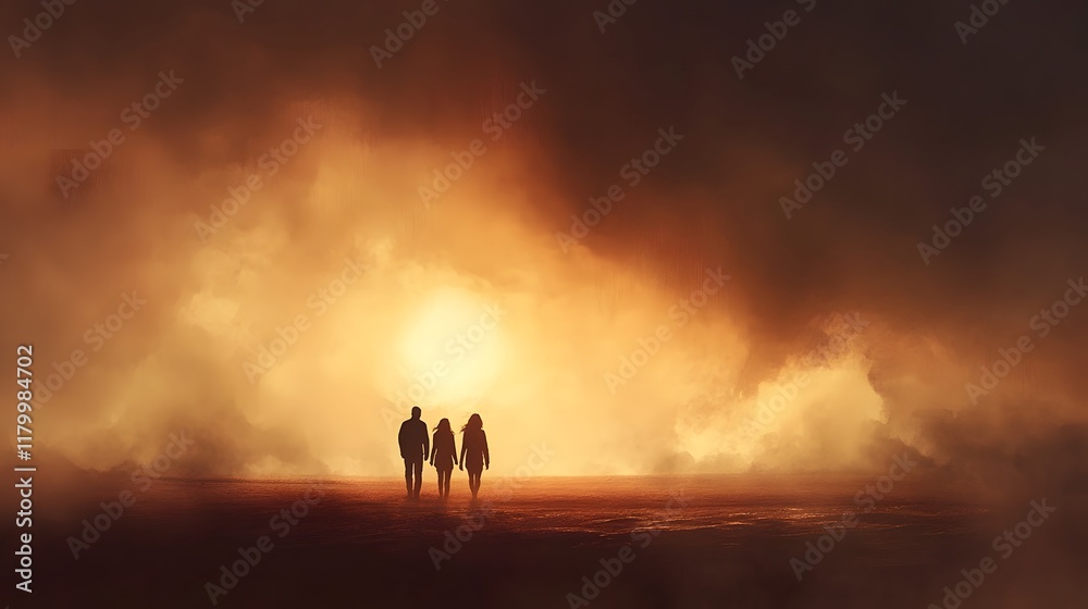 Naklejka premium Silhouetted figures walk towards a hazy sunset